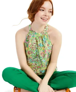 Women's Linen Floral-Print Halter Top