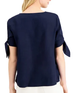 Women's Linen Split-Neck Tie-Cuff Top