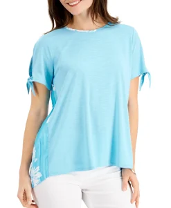 Women's Mixed-Media Tied-Sleeve Top