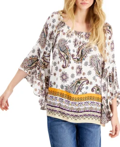Women's Mixed-Print Ruffled-Sleeve Blouse