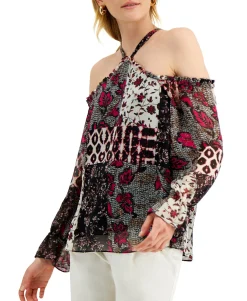 Women's Patchwork Print Cold-Shoulder Top