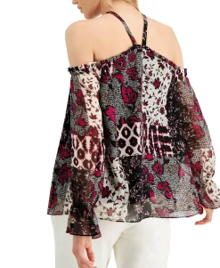 Women's Patchwork Print Cold-Shoulder Top