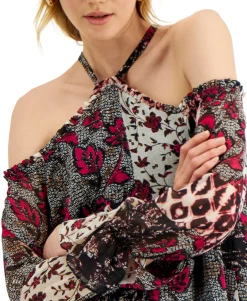 Women's Patchwork Print Cold-Shoulder Top