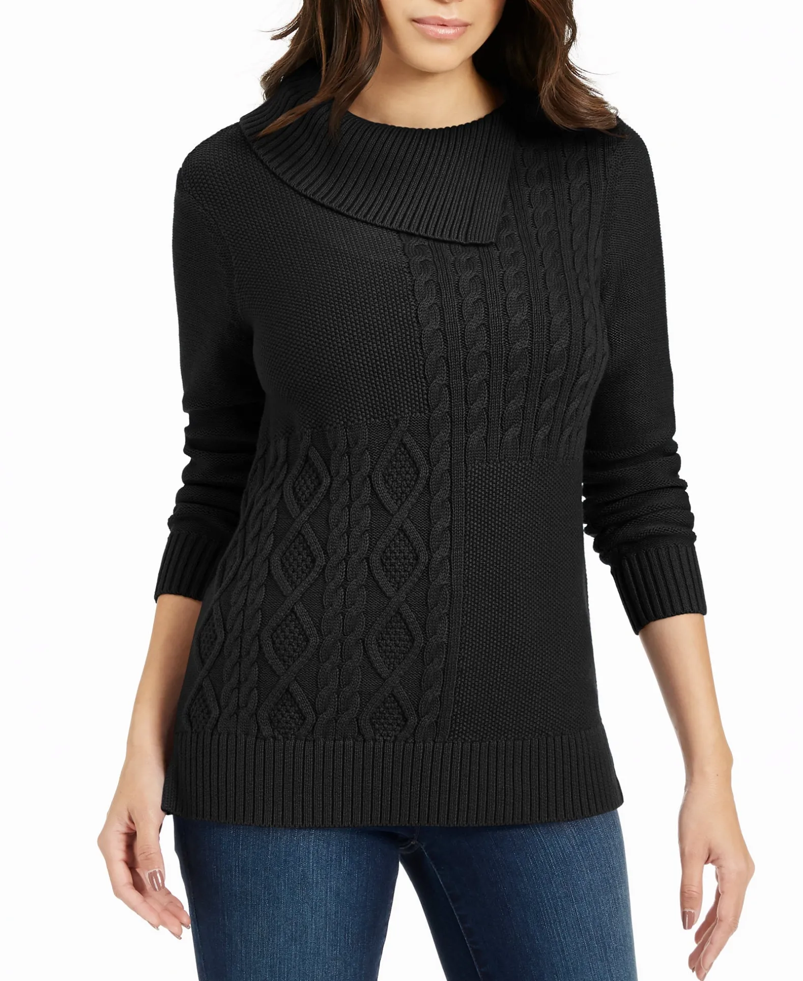 Women's Patchwork-Stitch Asymmetrical-Collar Sweater