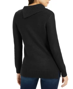 Women's Patchwork-Stitch Asymmetrical-Collar Sweater