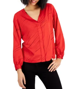 Women's Petite Blouson-Sleeve Hidden-Placket Blouse