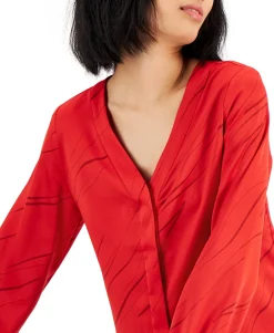 Women's Petite Blouson-Sleeve Hidden-Placket Blouse