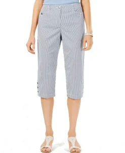 Women's Petite Corded Striped Button-Hem Capri Pants