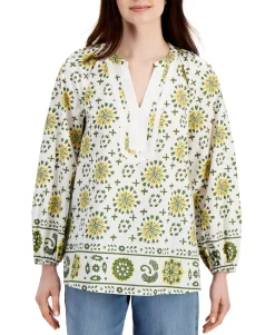 Women's Petite Cotton Border-Print Tunic