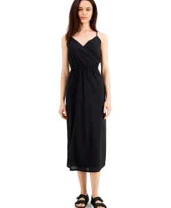 Women's Petite Cotton Eyelet Wrap-Front Midi Dress