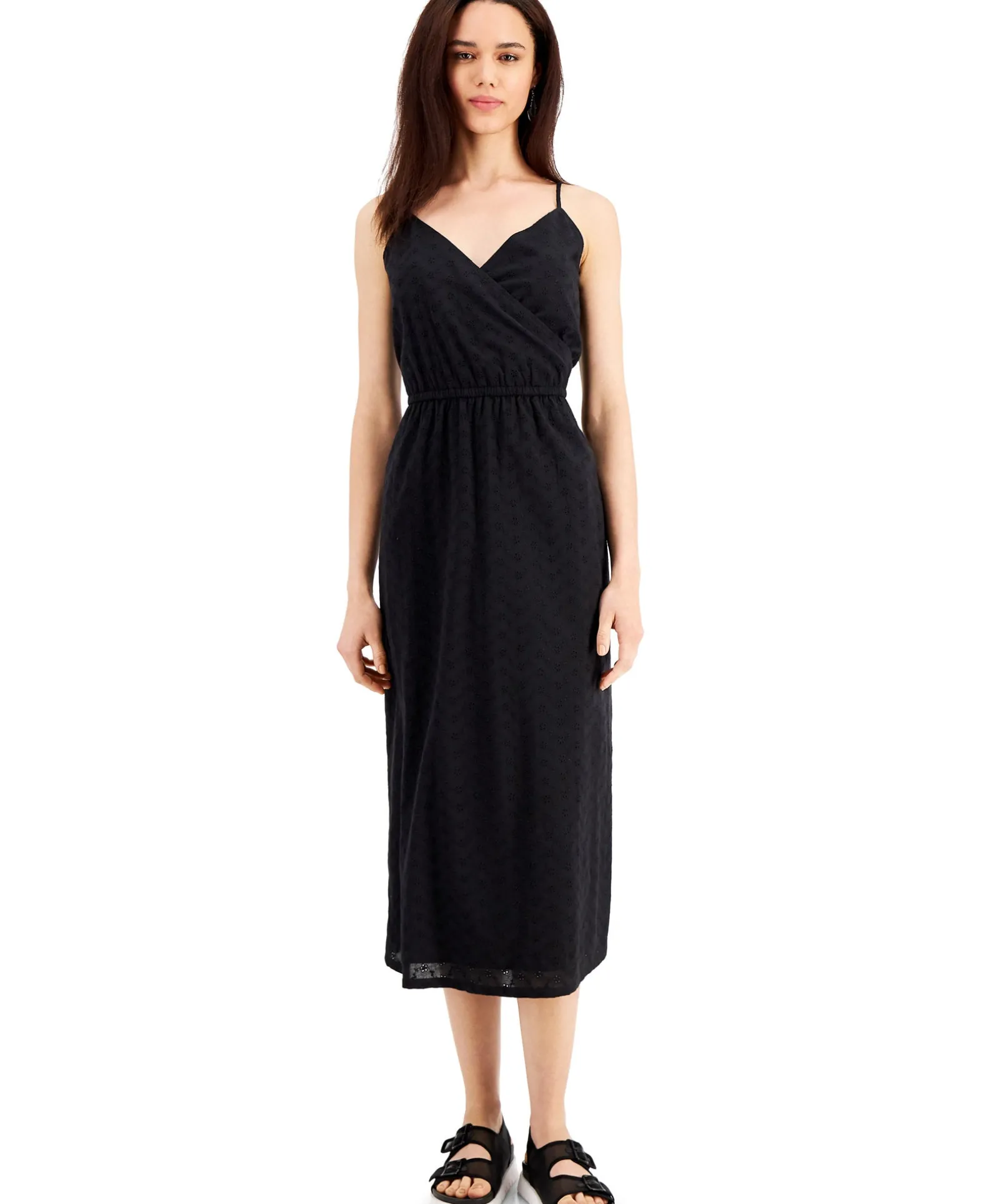 Women's Petite Cotton Eyelet Wrap-Front Midi Dress