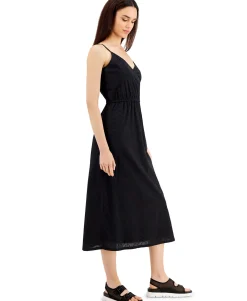 Women's Petite Cotton Eyelet Wrap-Front Midi Dress