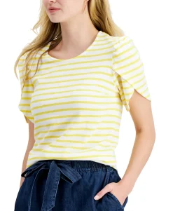 Women's Petite Cotton Knit Striped Split-Sleeve Top