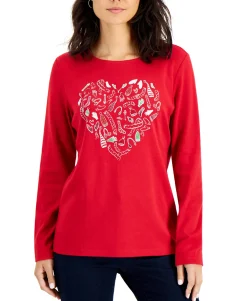 Women's Petite Cotton Love-Knit Graphic-Print Top