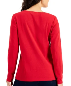 Women's Petite Cotton Love-Knit Graphic-Print Top