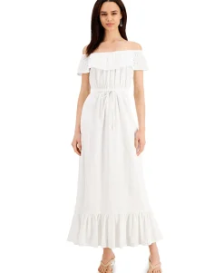 Women's Petite Cotton Off-The-Shoulder Eyelet Maxi Dress