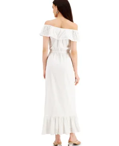 Women's Petite Cotton Off-The-Shoulder Eyelet Maxi Dress