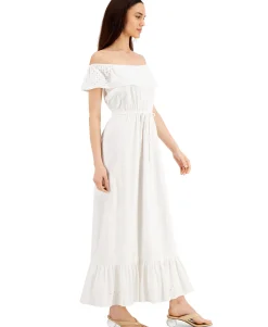 Women's Petite Cotton Off-The-Shoulder Eyelet Maxi Dress