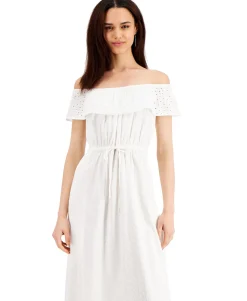 Women's Petite Cotton Off-The-Shoulder Eyelet Maxi Dress