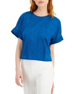 Women's Petite Cotton Pintuck Top