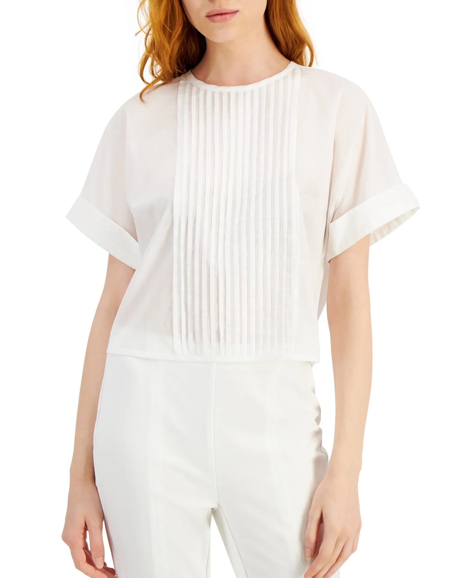 Women's Petite Cotton Pintuck Top