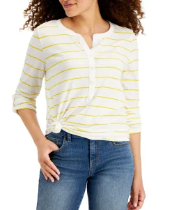 Women's Petite Cotton Striped Henley T-Shirt