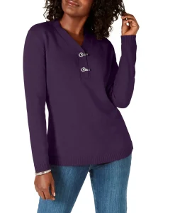 Women's Petite Cotton Toggle Henley Sweater