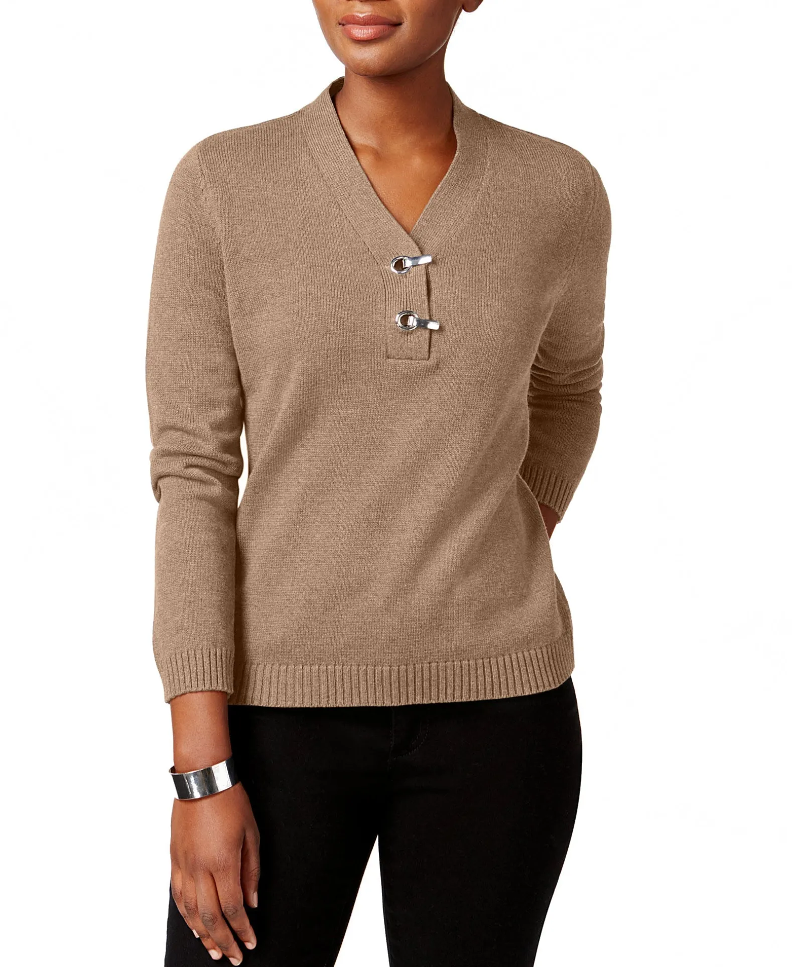 Women's Petite Cotton Toggle Henley Sweater