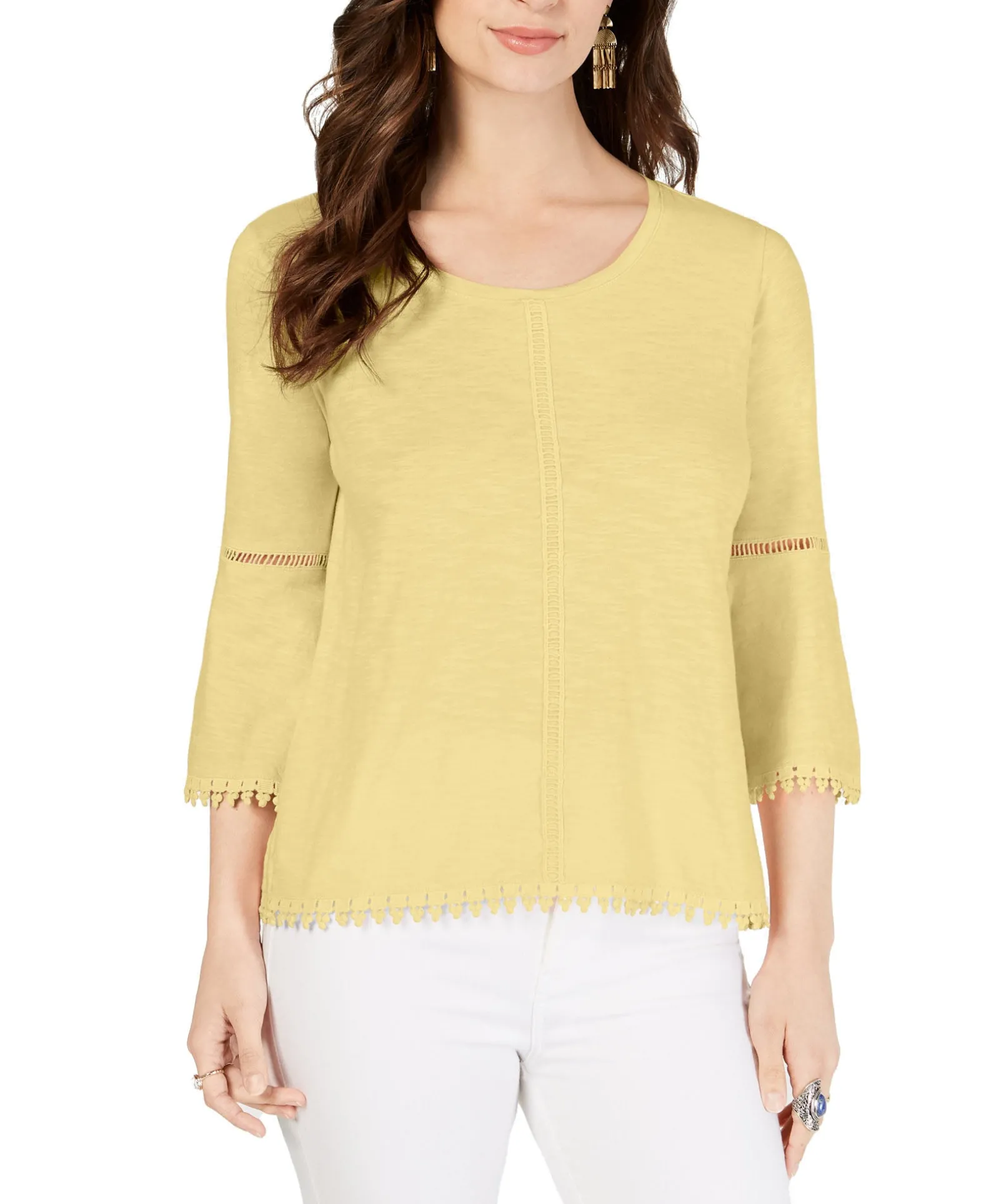 Women's Petite Crochet-Trim Bell-Sleeve Top