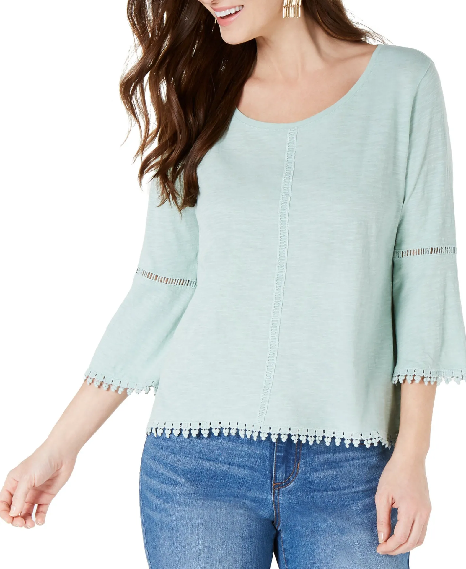 Women's Petite Crochet-Trim Bell-Sleeve Top
