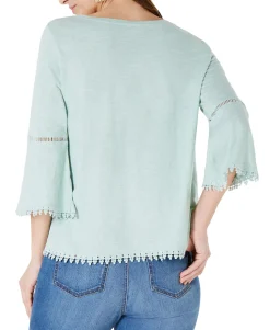 Women's Petite Crochet-Trim Bell-Sleeve Top