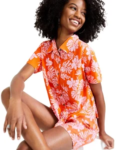 Women's Petite Floral-Print Tie-Waist Cotton Shirt