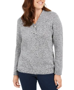 Women's Petite Hardware-Trim Cotton Henley Sweater