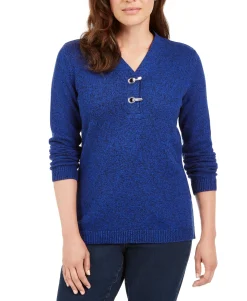 Women's Petite Hardware-Trim Cotton Henley Sweater