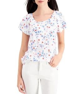 Women's Petite Pleated Floral-Print Top