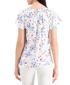 Women's Petite Pleated Floral-Print Top