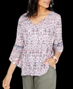 Women's Petite Printed Mesh Lantern-Sleeve Top
