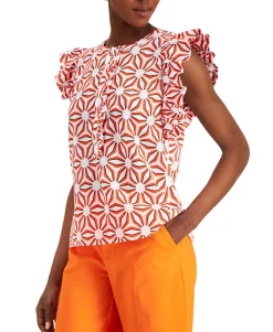Women's Petite Printed Ruffle-Sleeve Shirt