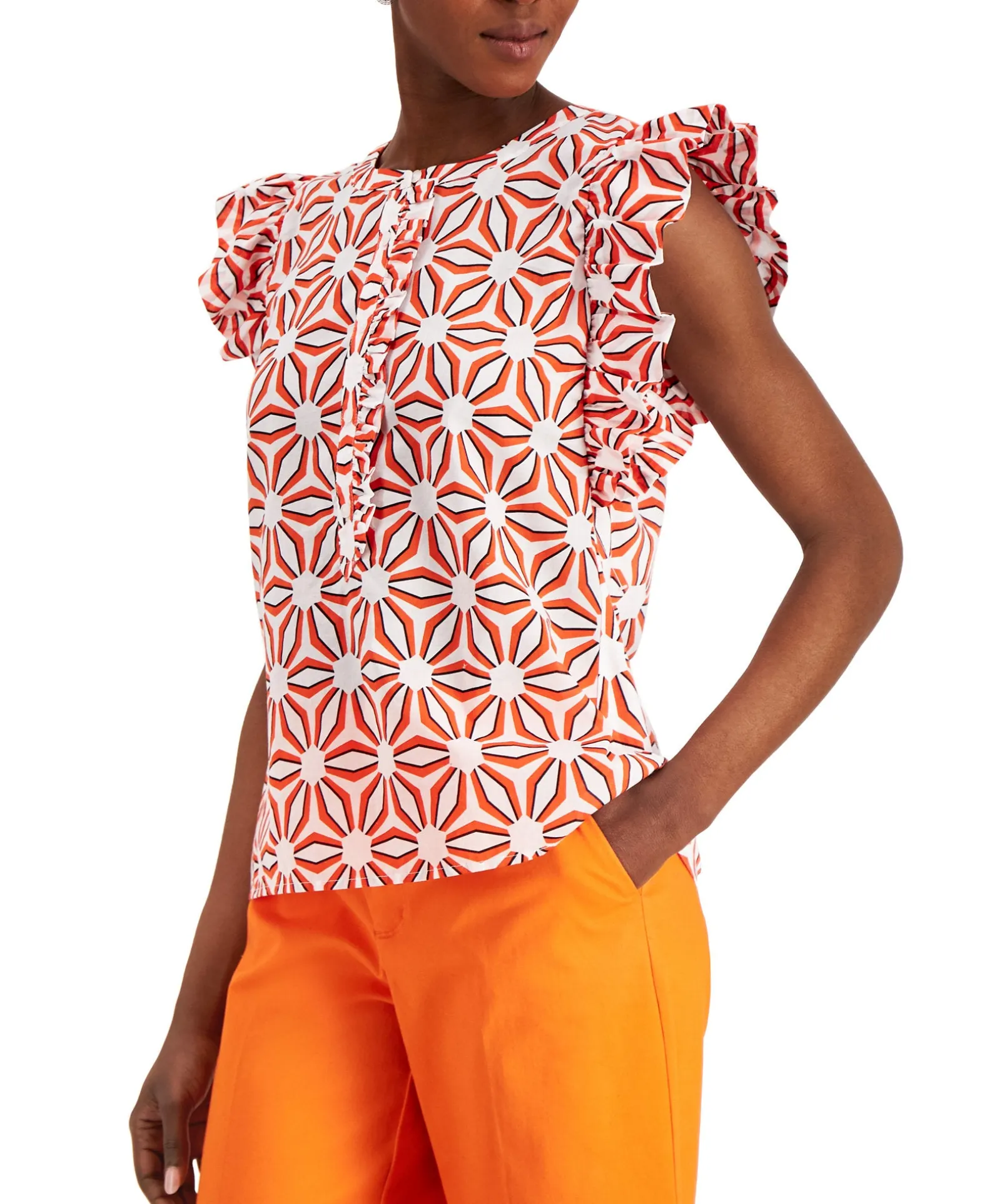 Women's Petite Printed Ruffle-Sleeve Shirt