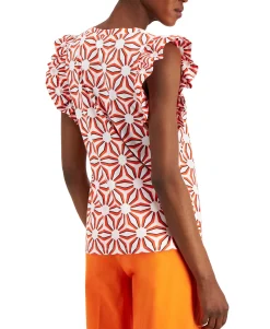 Women's Petite Printed Ruffle-Sleeve Shirt