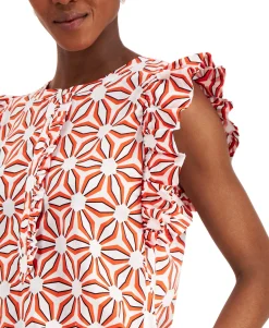 Women's Petite Printed Ruffle-Sleeve Shirt