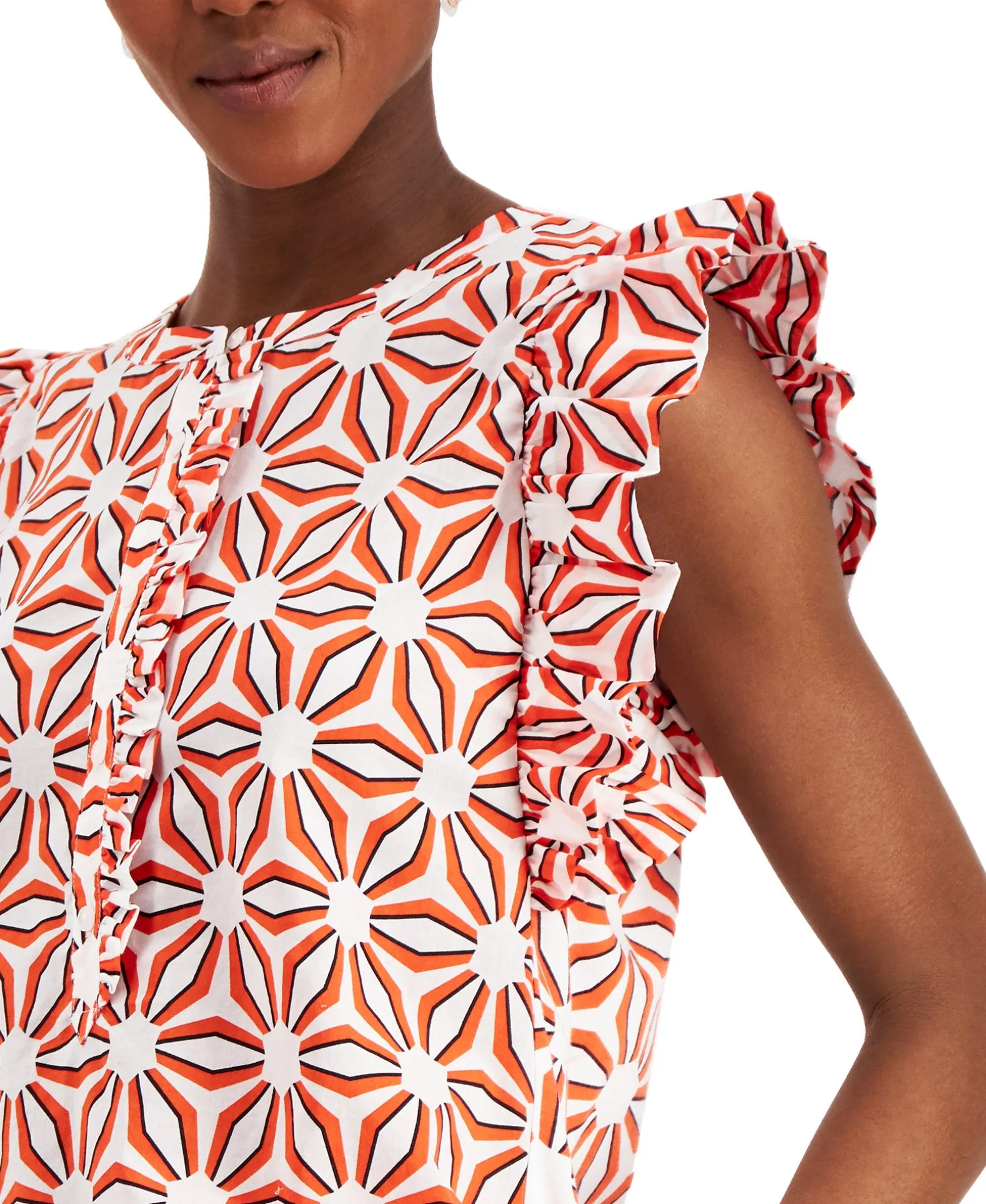 Women's Petite Printed Ruffle-Sleeve Shirt