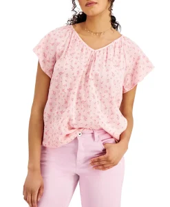 Women's Petite Printed V-Neck Flounce Top