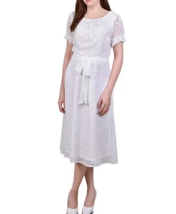 Women's Petite Short Sleeve Belted Swiss Dot Dress