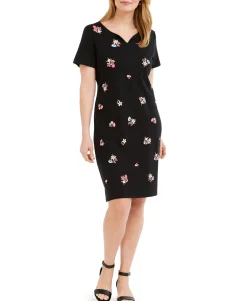 Women's Petite Split-Neck Embroidered Dress