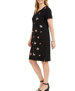 Women's Petite Split-Neck Embroidered Dress