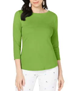 Women's Pima Cotton Boat-Neck Button-Shoulder Top