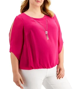 Women's Plus Bubble-Hem Split-Sleeve Necklace Top