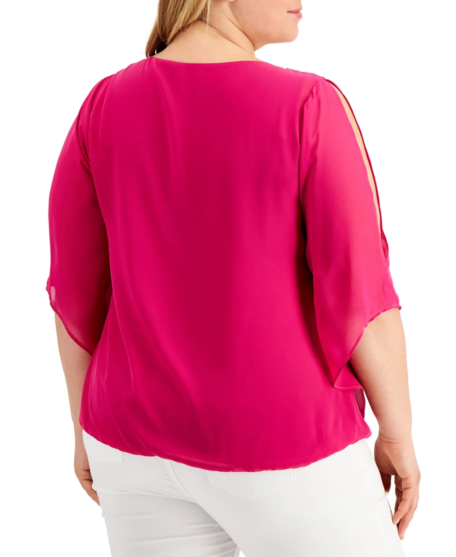Women's Plus Bubble-Hem Split-Sleeve Necklace Top