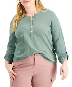Women's Plus Cotton Roll-Tab Henley Top